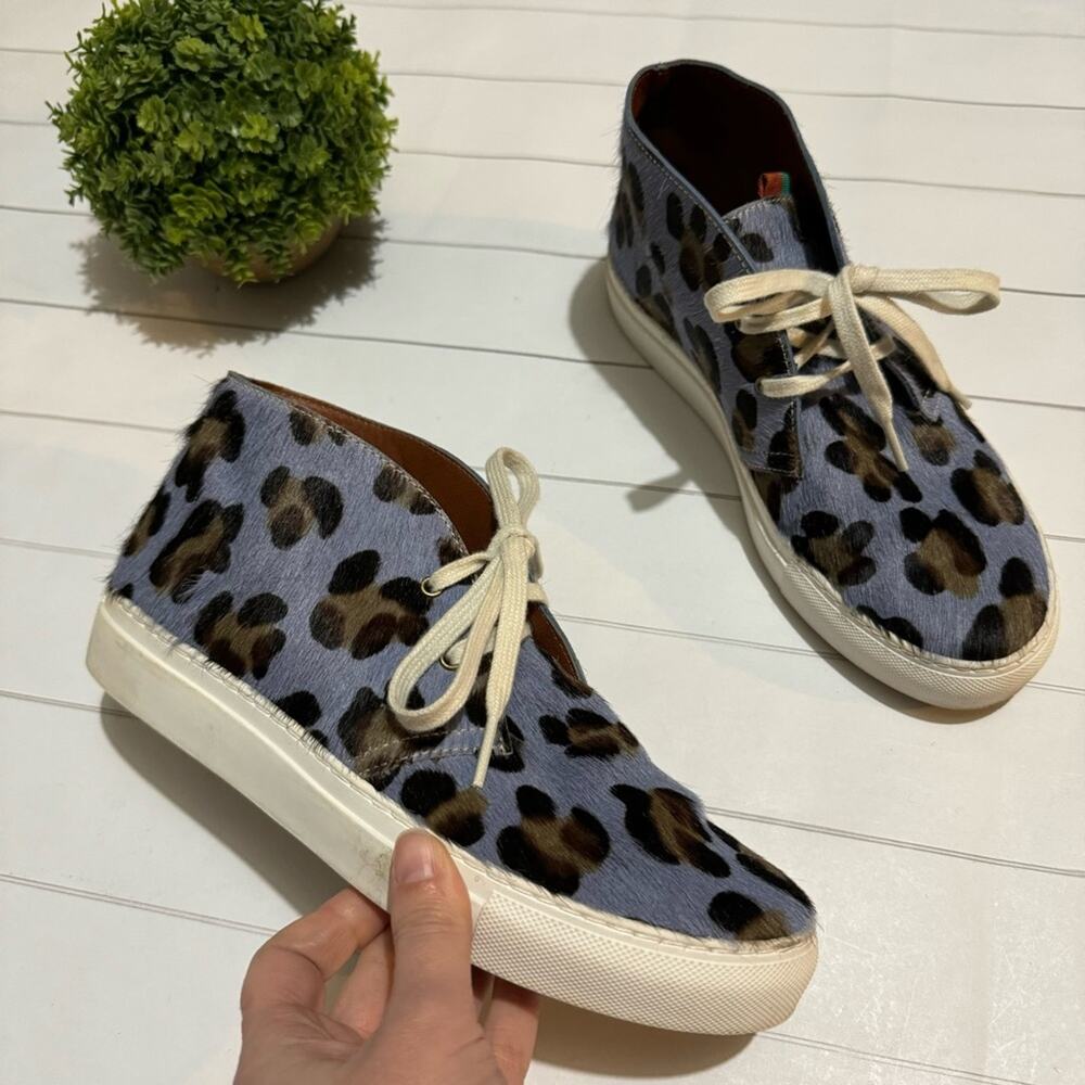 Penelope Childers Blue Leopard Print Leather Calf Hair High Top Sneakers Size 38